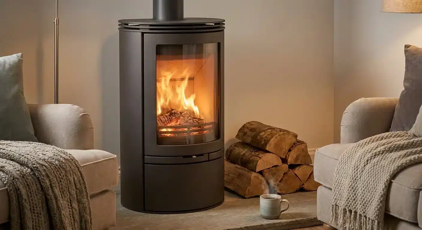 close-up detail shot, sharp focus van een moderne kachel kopen die warmte uitstraalt in een stijlvolle woonkamer, professional appearance