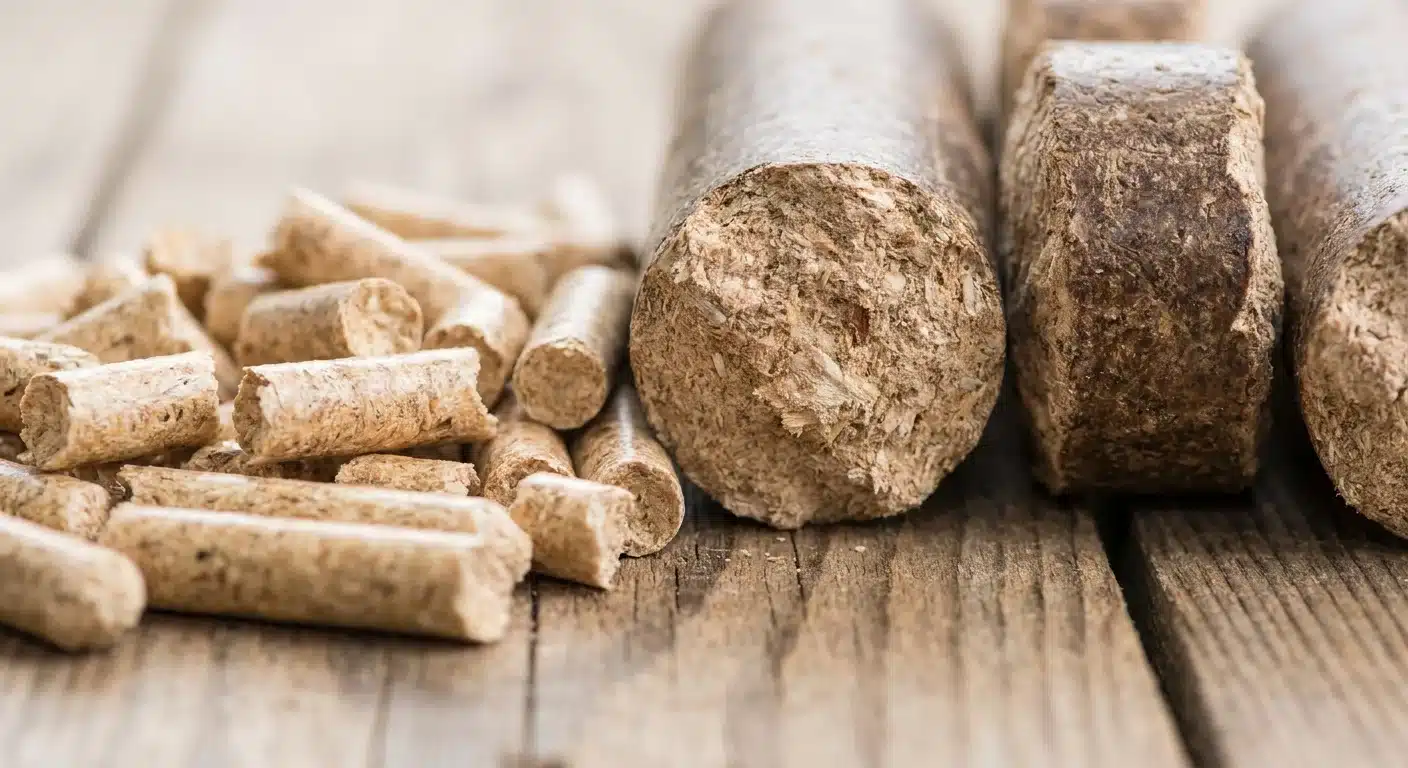 close-up detail shot, sharp focus van pellets of houtbriketten naast elkaar op een houten ondergrond om de textuur en grootte te tonen, professional appearance