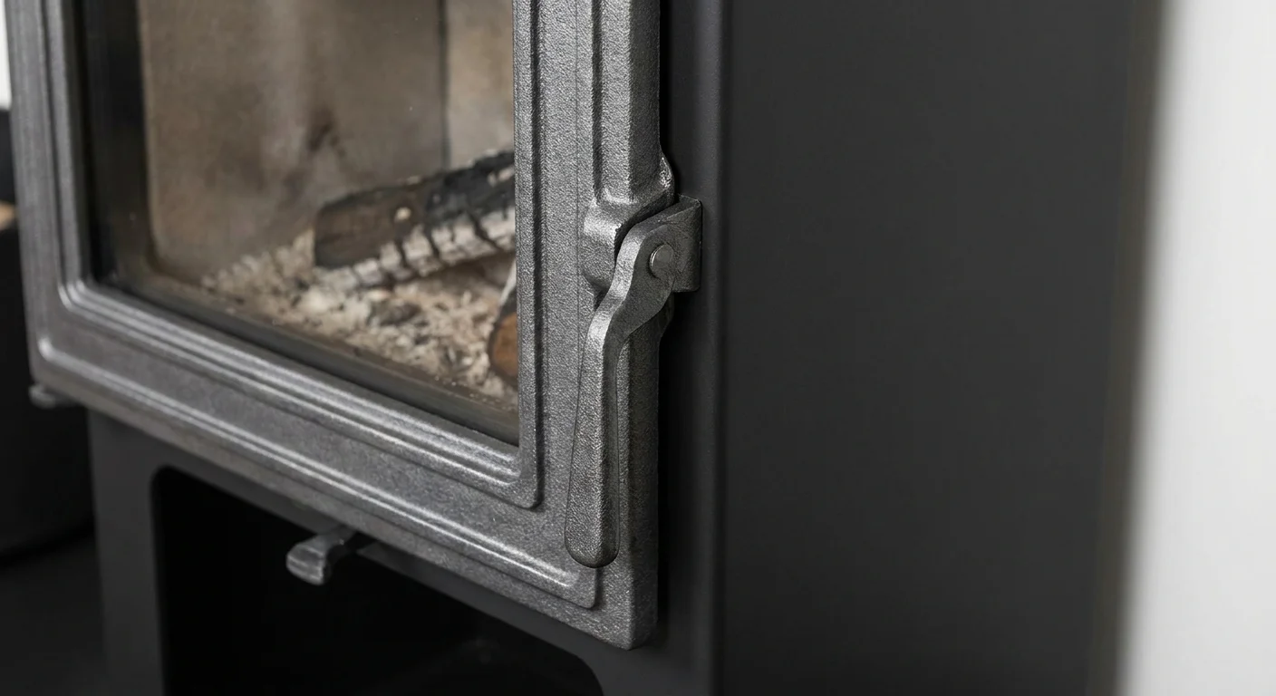 close-up detail shot, sharp focus van een gietijzeren deur en de afwerking van een moderne houtkachel kosten overzicht, professional appearance