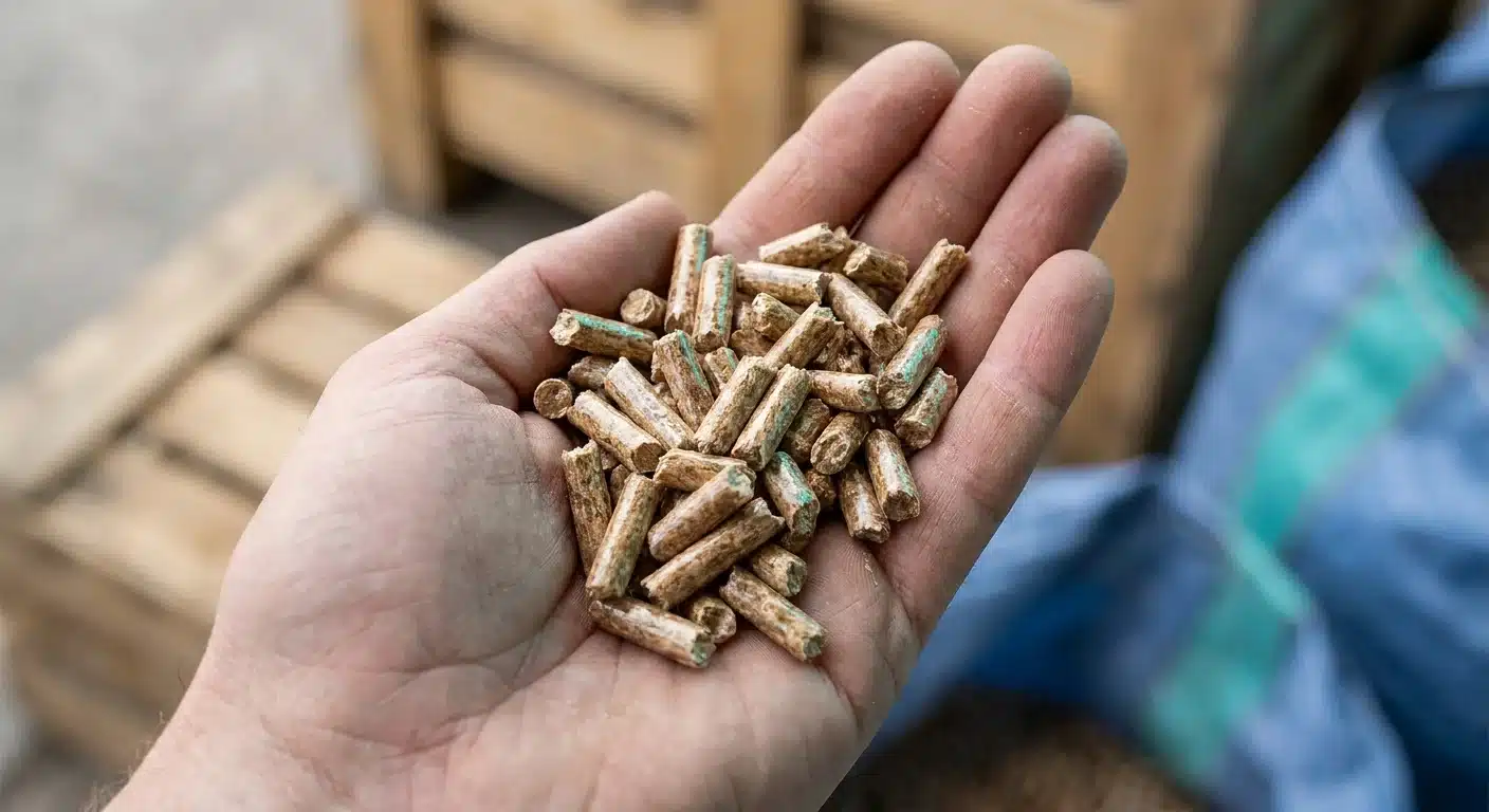 close-up detail shot, sharp focus of houtpellet kopen bij Pelletvoordeel Hoeselt waarbij de glanzende textuur van ENplus A1 pellets zichtbaar is in een handpalm, professional appearance
