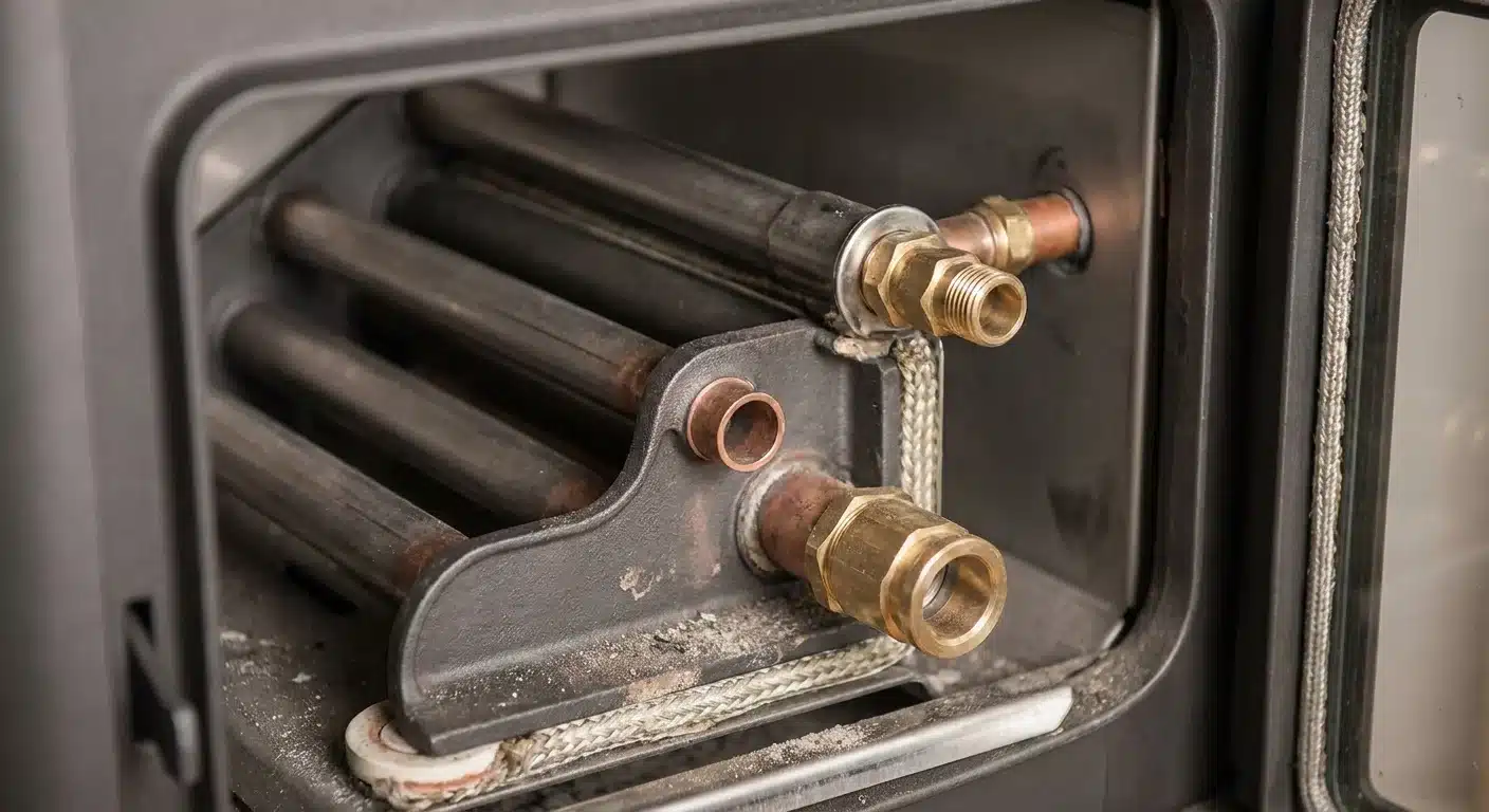 close-up detail shot, sharp focus van de interne warmtewisselaar en wateraansluitingen van een moderne cv houtkachel, professionele technische weergave