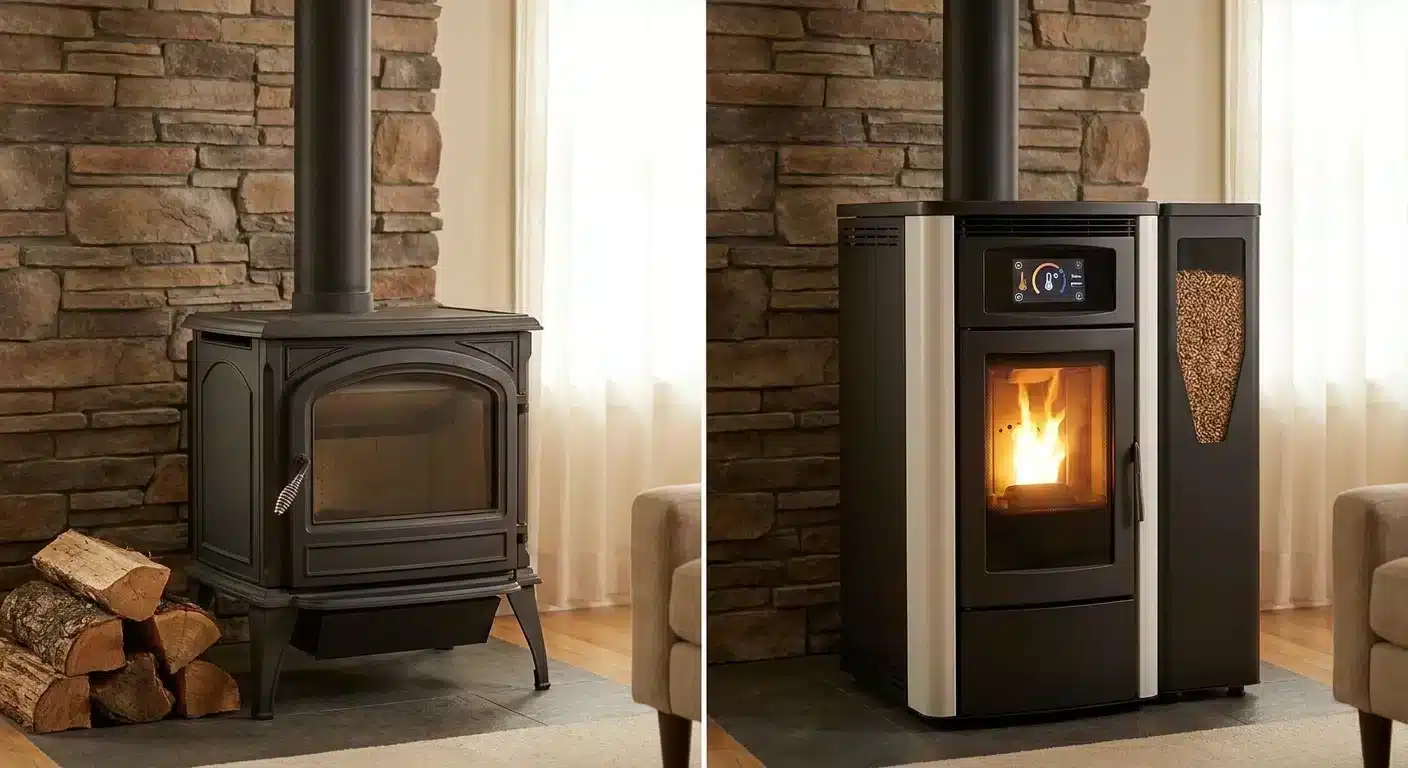 comparative view, side-by-side layout of kachel kopen bij moderne pelletkachels met een digitaal display en een reservoir voor houtpellets, professional appearance