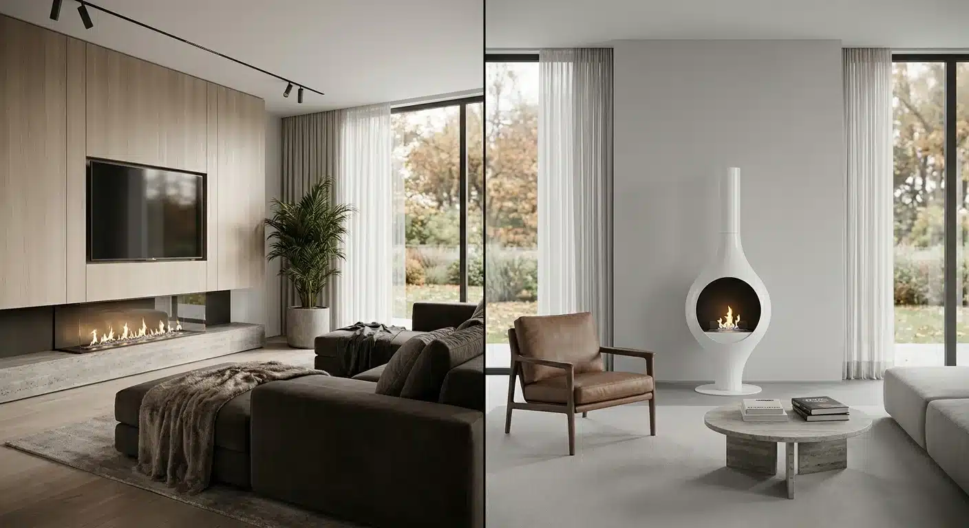 comparative view, side-by-side layout van een kachel kopen voor een modern interieur met een strakke gashaard versus een minimalistische woonkamer, professional appearance
