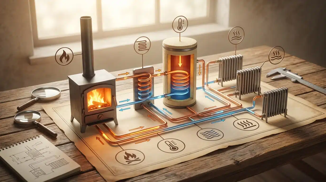 Een gedetailleerd diagram in infographic stijl dat de werking van een cv houtkachel toont, waarbij de warmteoverdracht naar radiatoren en een buffervat visueel wordt uitgelegd voor maximale efficiëntie