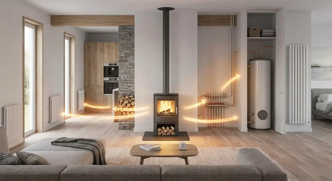 Een overzichtelijk infographic diagram dat de werking en voordelen van een cv houtkachel kopen illustreert, met pijlen die de warmtestroom naar radiatoren en de boiler laten zien in een modern interieur