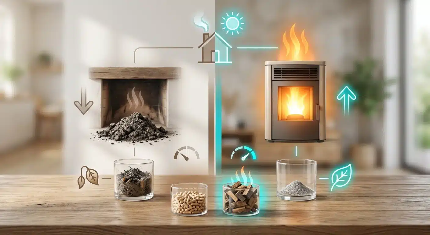 Een overzichtelijke infographic die de voordelen van duurzaam stoken toont, inclusief een vergelijking van asresten en warmteafgifte bij houtpellet kopen van hoge kwaliteit, professionele uitstraling