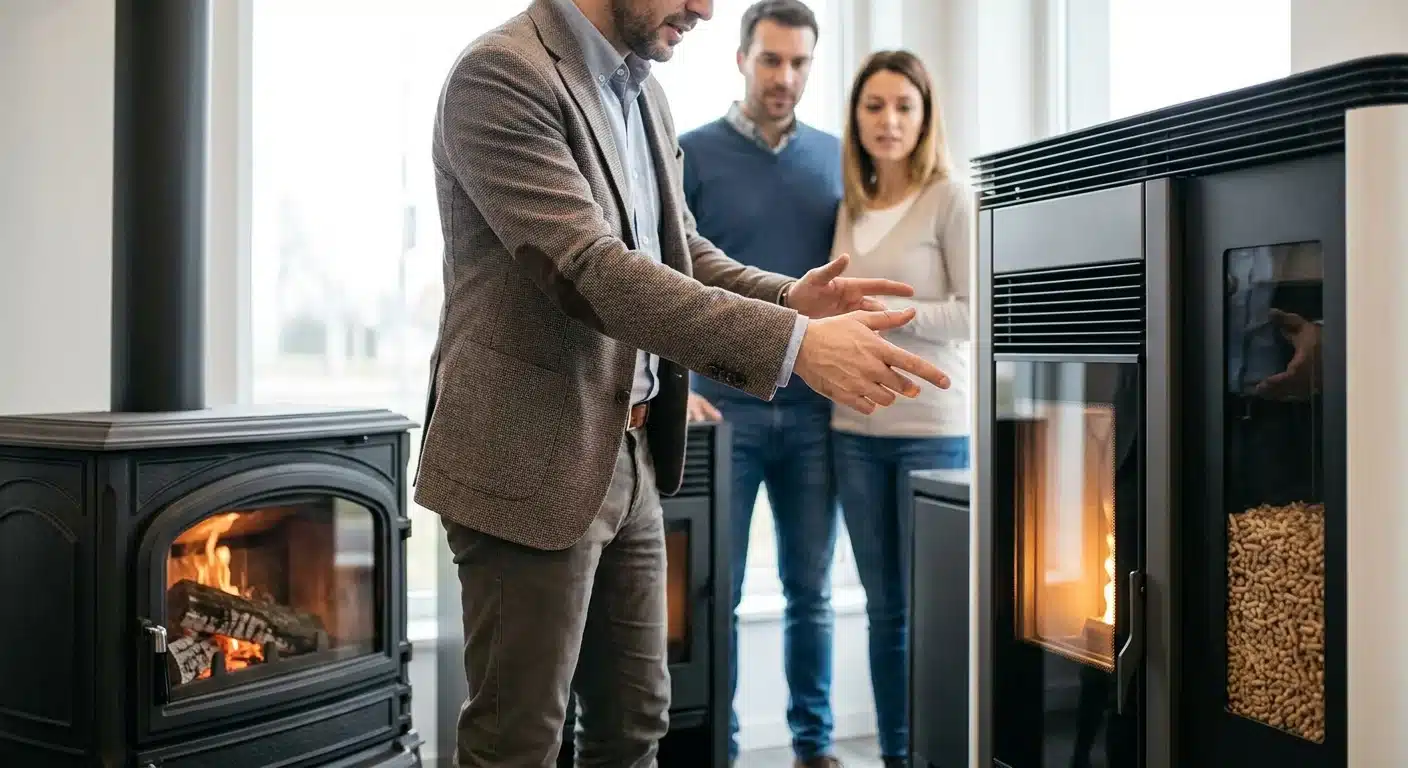 Een realistische actiefoto vanuit een dynamisch perspectief waarbij een adviseur in een showroom uitleg geeft over een kachel kopen, specifiek gericht op de verschillen tussen een robuuste gietijzeren houtkachel en een moderne pelletkachel, professionele uitstraling