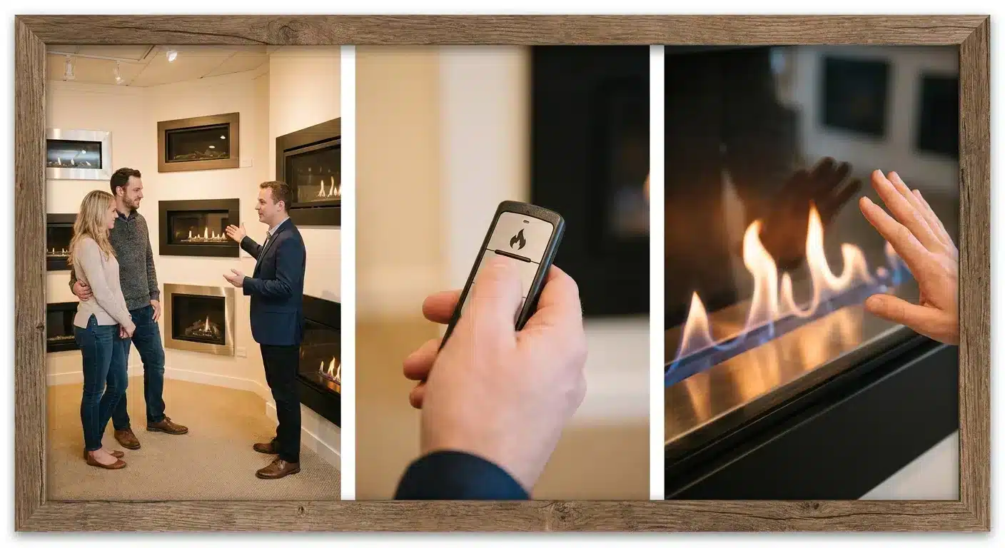step-by-step illustration, process visualization of kachel kopen at gaskachels: directe warmte met één druk op de knop, professional appearance