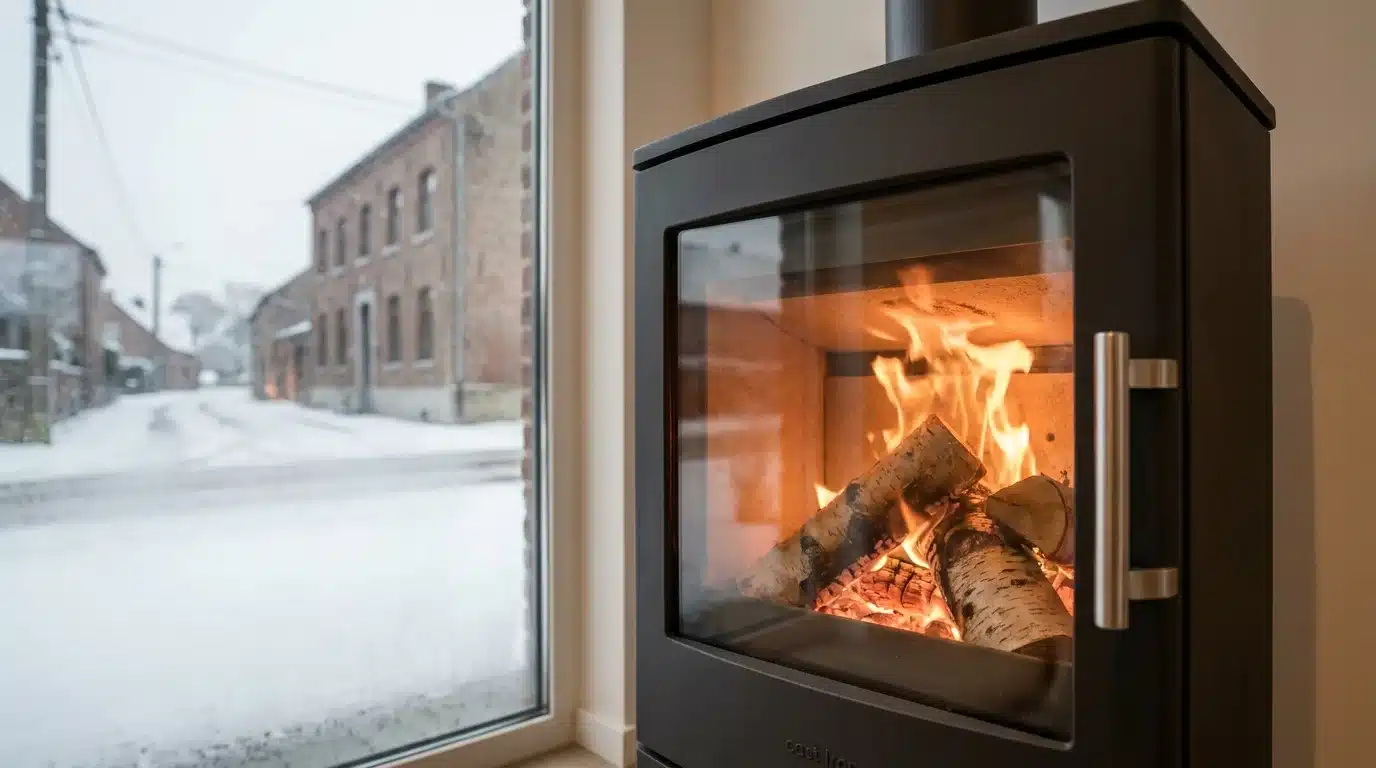 close-up detail shot, sharp focus of efficiënt stoken in een moderne kachel tijdens de Belgische winter, professional appearance