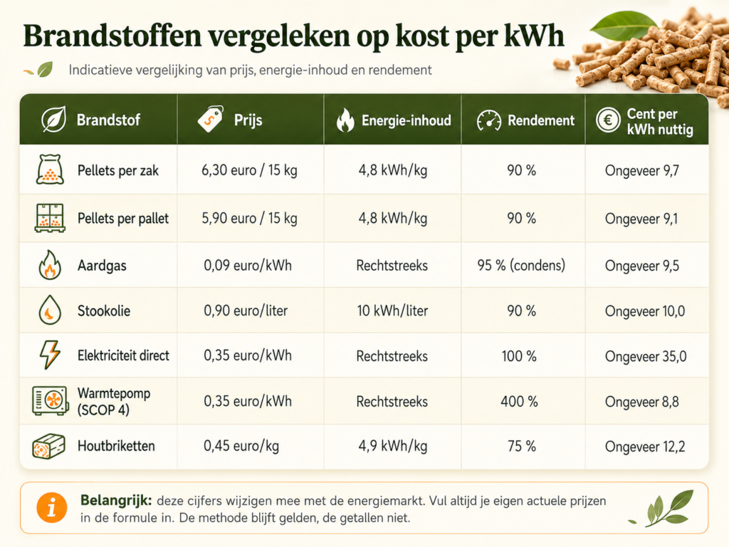 Brandstoffen vergeleken op kost per kWh