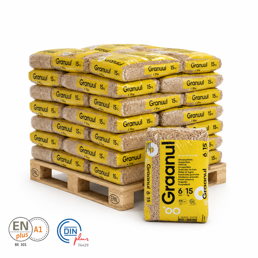 Halve pallet pellets van het merk Graanul met 33 gele zakken van 15 kg houtpellets, voorzien van ENplus A1 en DINplus certificeringen
