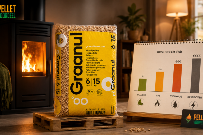 Pellets tegenover gas, stookolie en elektriciteit, kostprijs per kWh