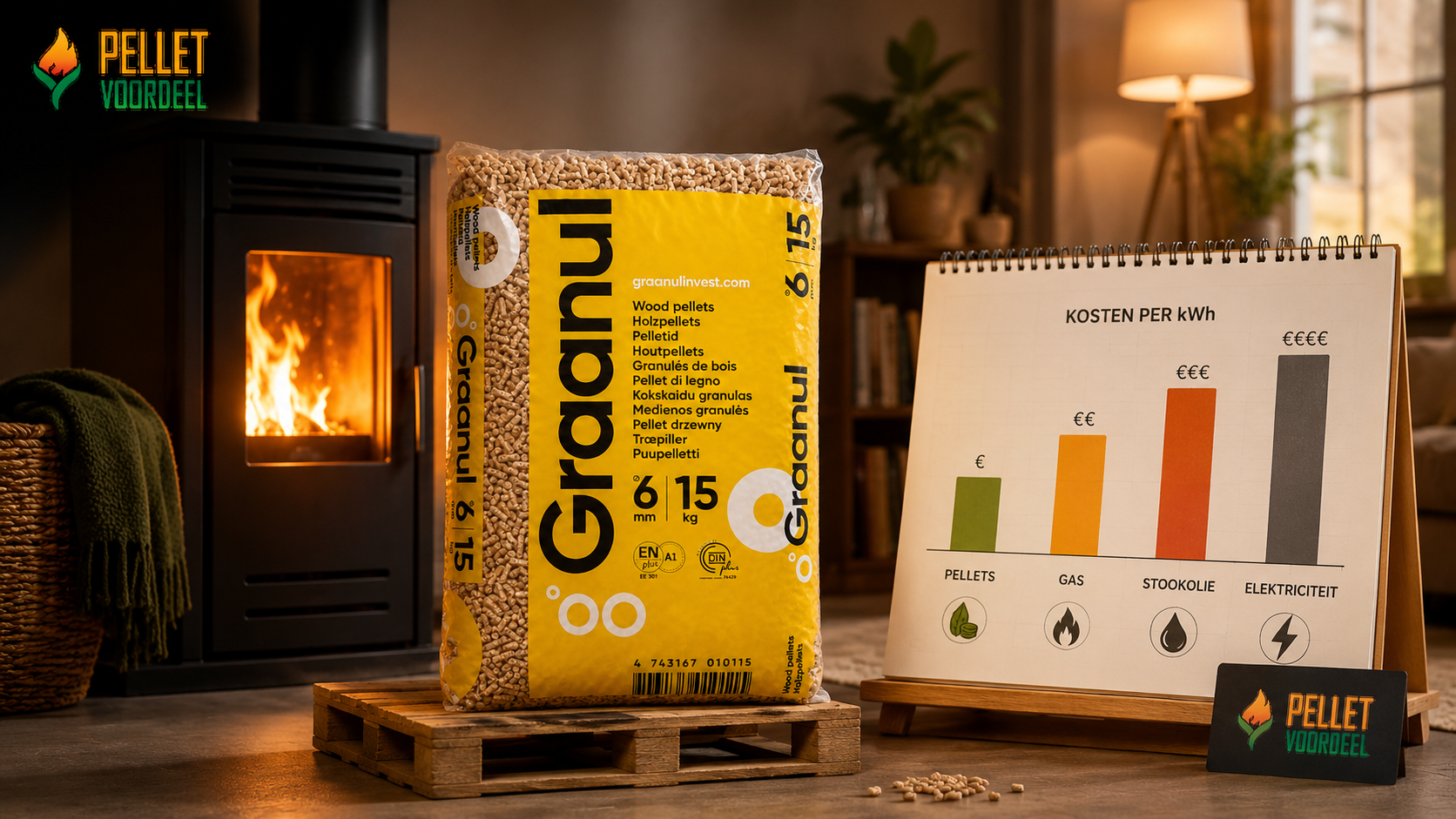 Pellets tegenover gas, stookolie en elektriciteit: de kostprijs per kWh